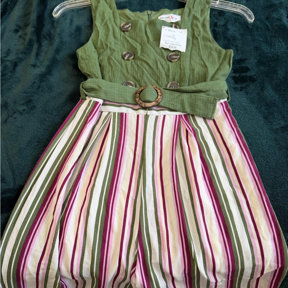 Beautees Olive Green and Striped Kids Romper